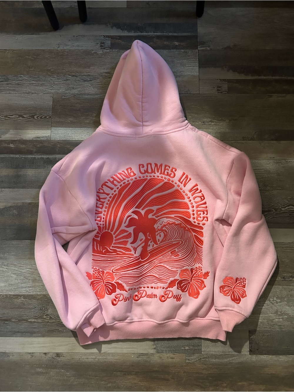 Pink Palm Puff Hoodie with Red Surf Graphic